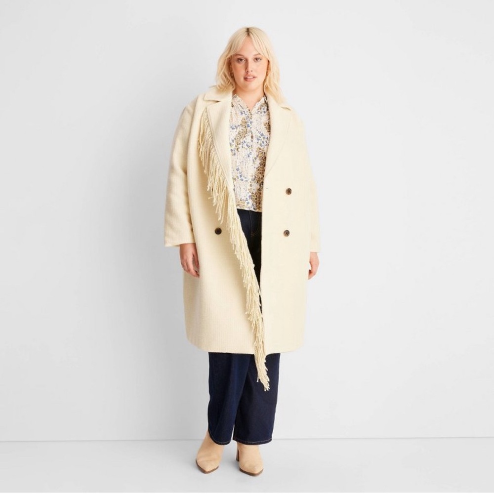 Women's Cream Colored Notched Lapel Double Breasted Fringe Coat in Size Large
